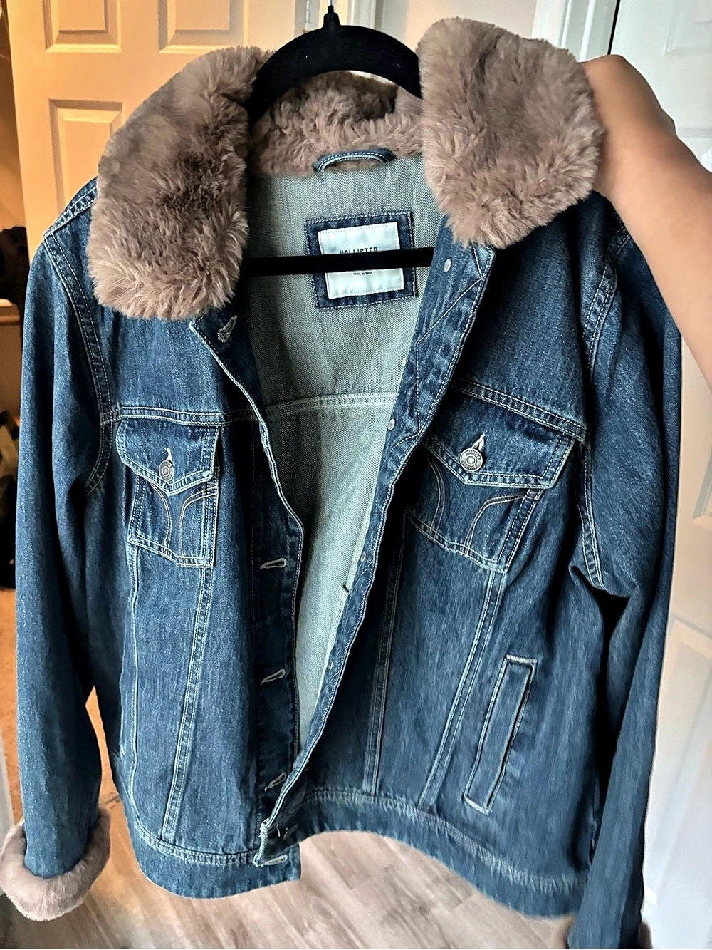 Hollister Faux Fur Trim Denim Jacket Blue & Brown XXL
